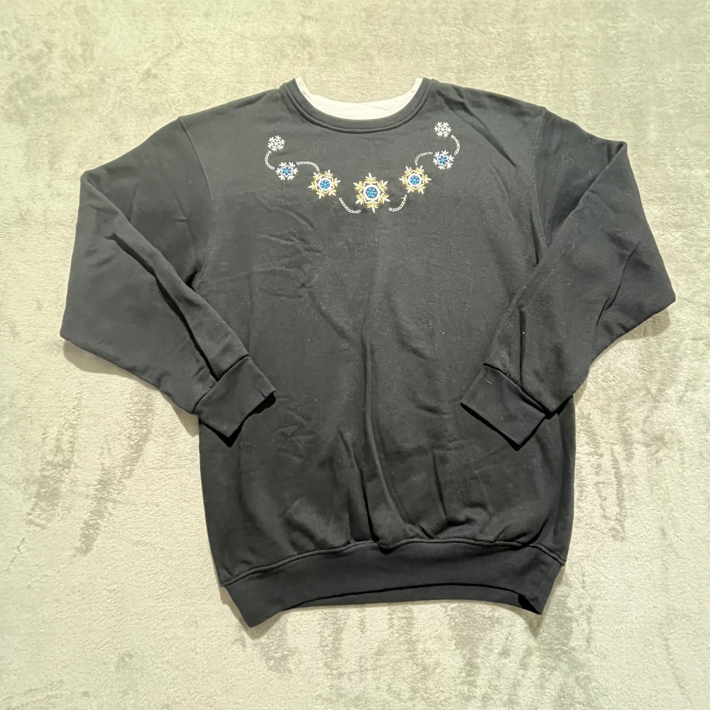 Hartfield Design Sweatshirt Women Large Black Snowflake Embroidered Mock Neck